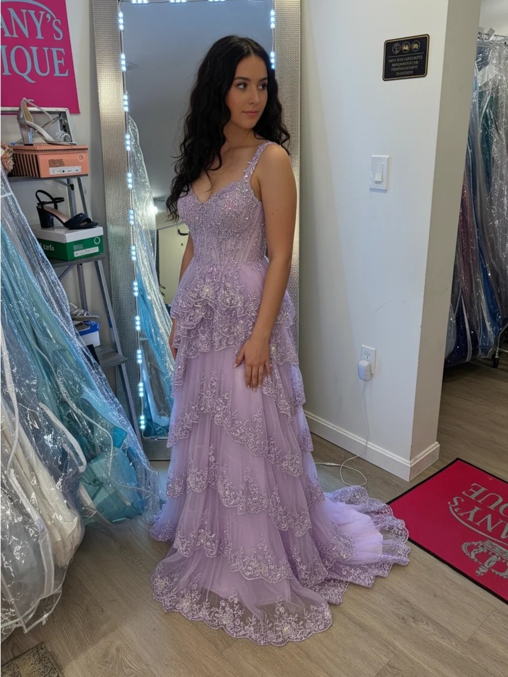 Jovani Lilac Lace Tiered Prom Gown